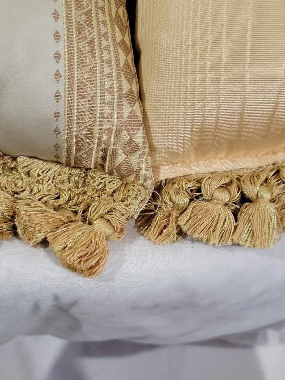Decorative Cream and Gold Fringe Throw Pillow Pair - Unbranded